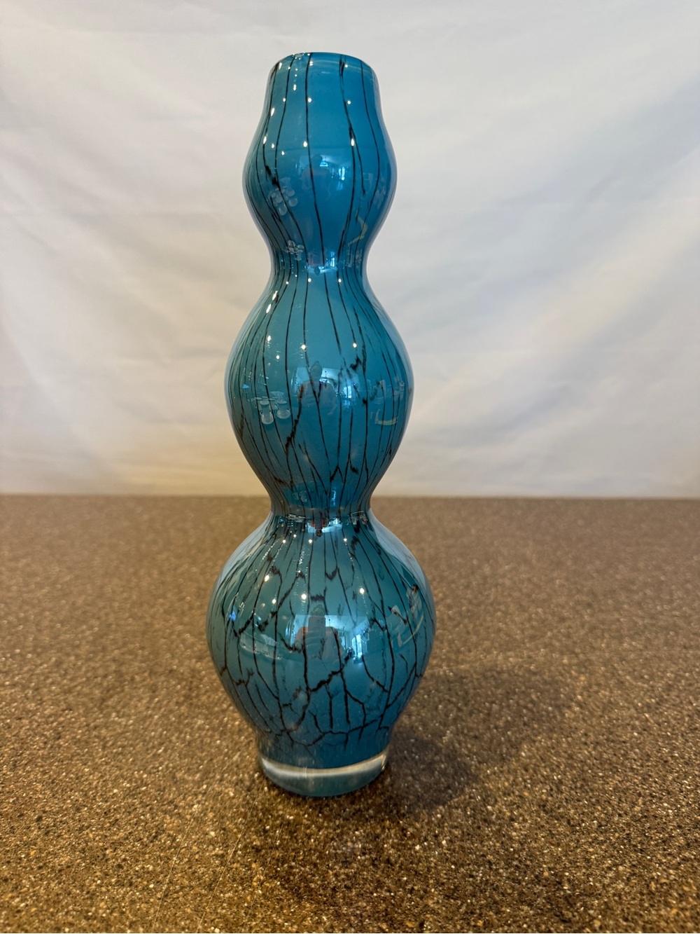 Vintage Pier 1 Hand Blown Triple Gourd Art Glass Teal Blue Marbled Metallic Vase